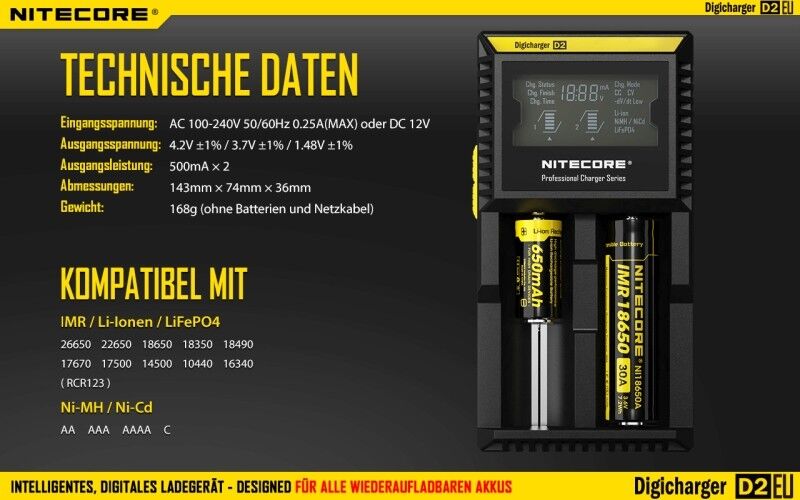 Ladegerät D2 EU 2x 500mA Nitecore