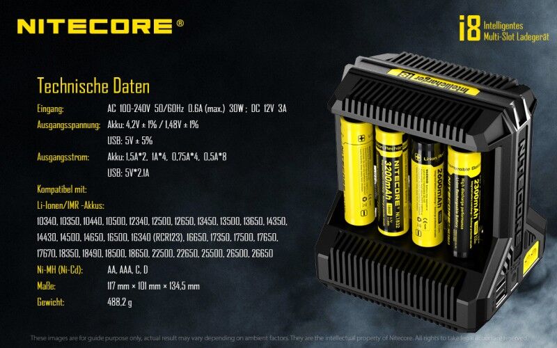 Ladegerät I8 8x 500mA / 4x 1000mA / 2x 1500mA Nitecore