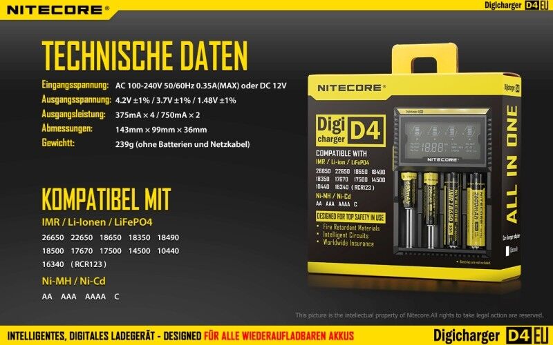 Ladegerät D4 EU 4x 375mA / 2x 750mA Nitecore